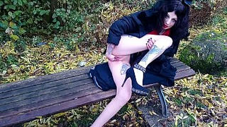 Satanic slut selffisting in public park
